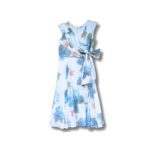 Calvin‎ Klein Blue and White Pleated Tie Front Midi Dress ✨Worn Once✨